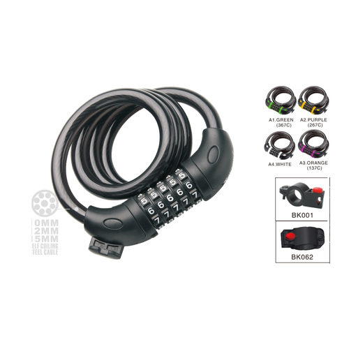 Lock Spiral Combination 5-digit 10mm x 1000mm W/Bracket BK062 for Seat Pillar